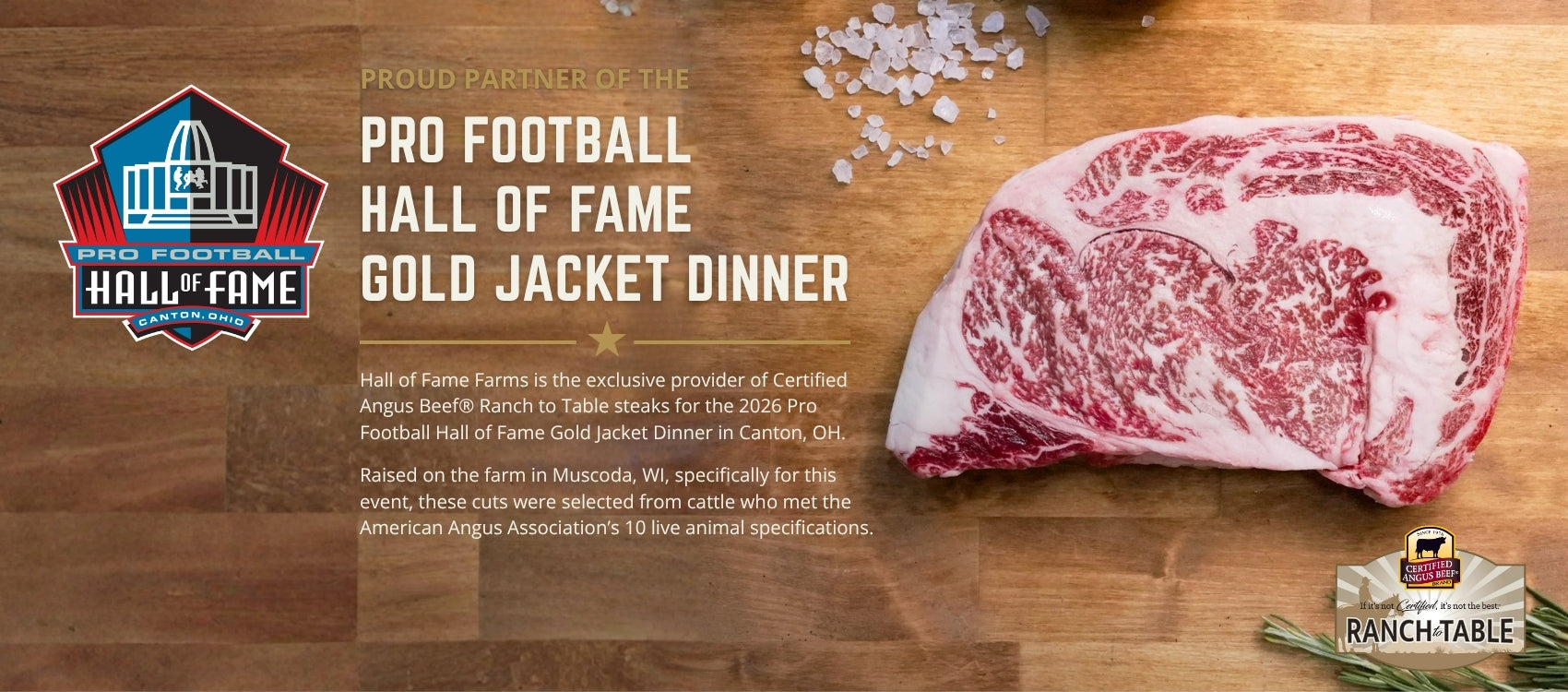 A promotional graphic for the Pro Football Hall of Fame Gold Jacket Dinner, featuring a large marbled beef steak on a wooden surface with text on the left and a Ranch Table logo in the bottom right corner.