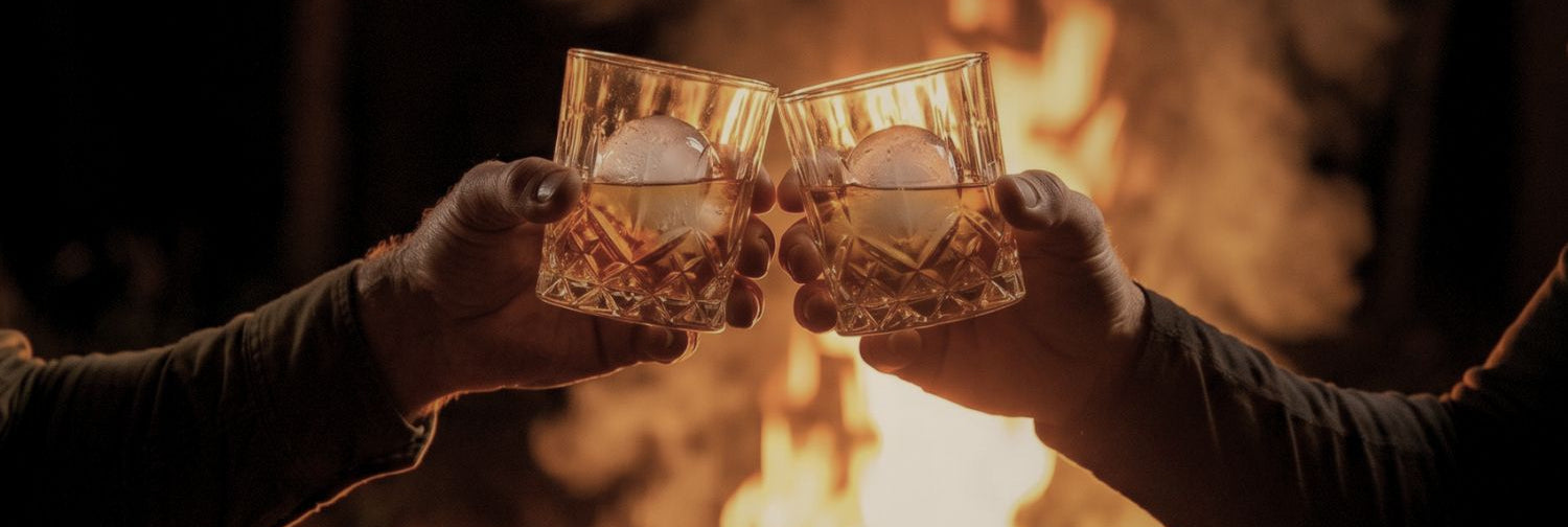 Two people toasting with glasses in front of a fire