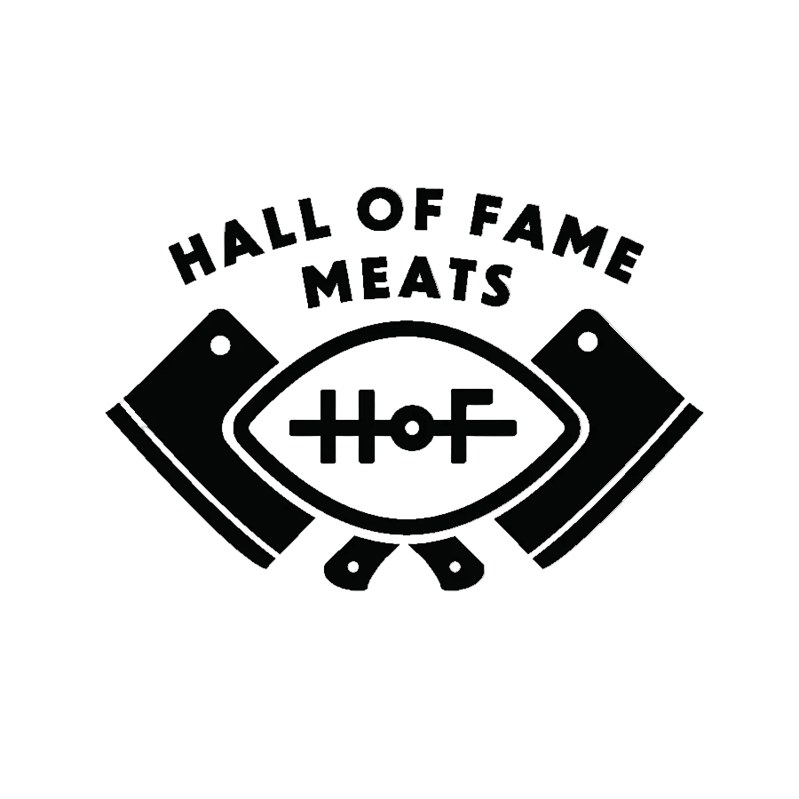 Logo of Hall of Fame Meats with a stylized eye and knife design on a white background.