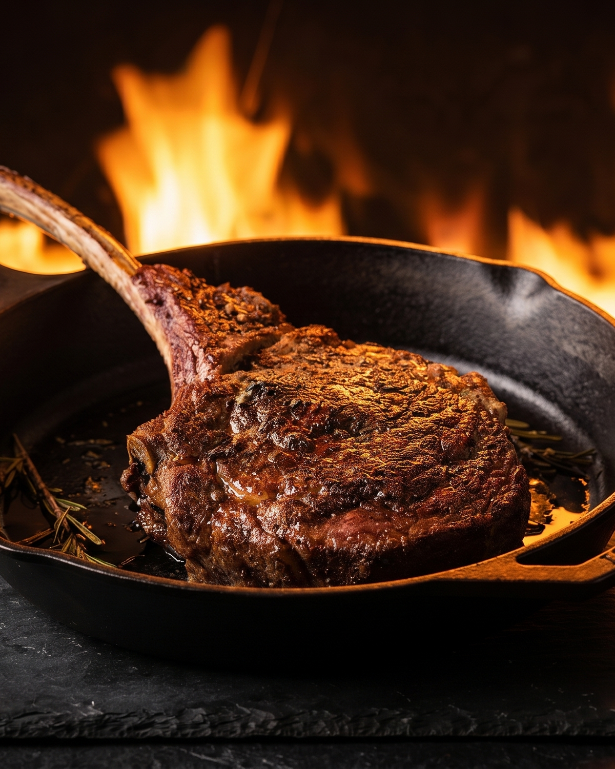 Tomahawk steak in a cast iron skillet in front of a campfire.