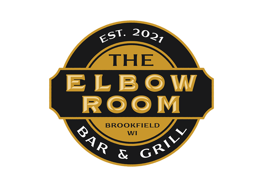 Logo of The Elbow Room Bar & Grill with gold text on a black background