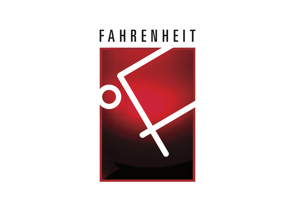 Logo 'FAHRENHEIT' and a stylized thermometer on a red and black background