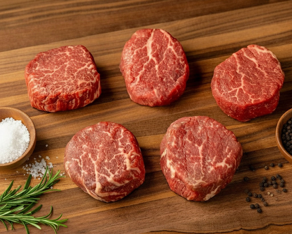 Raw beef patties on a wooden cutting board with salt, pepper, and rosemary.